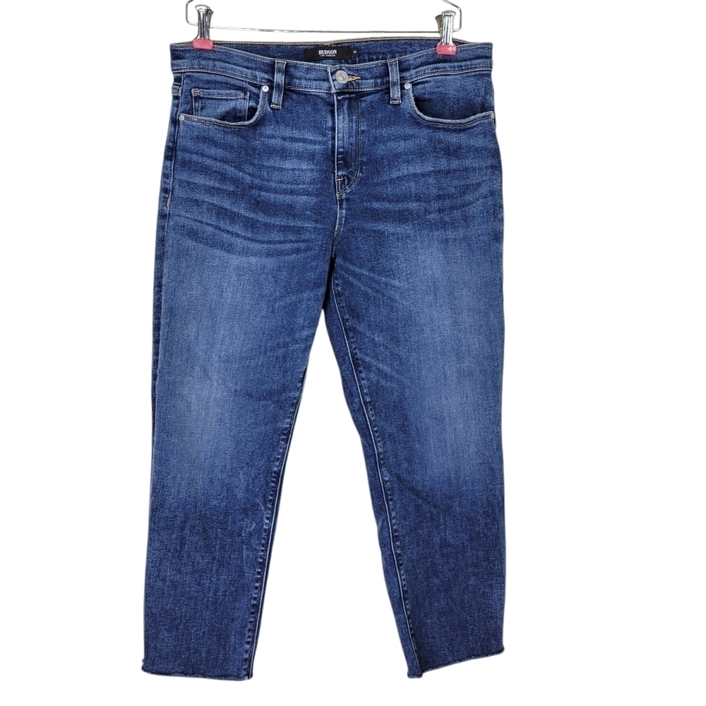 Hudson Jeans Size 31 34X25 Blue Nico Cropped Straight Leg Raw Frayed Hem Stretch